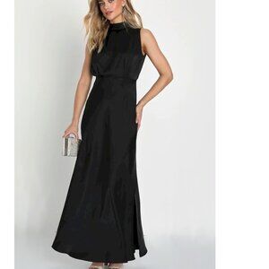 Lulus Classic Elegance Black Satin Sleeveless Mock Neck Maxi Dress Medium NWOT